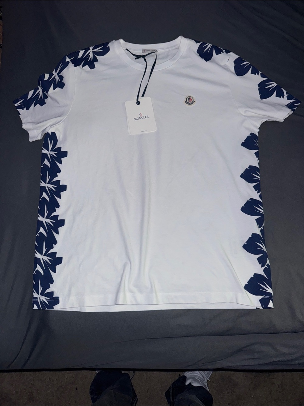 Moncler White T-Shirt with Navy Floral Side Panels